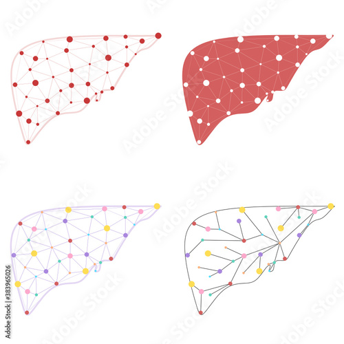 Set of liver health low poly wireframe. Polygonal anatomic model of human liver made of stars, lines, dots, triangles. Medical and anatomy concept. Cirrhosis and hepatitis medical treatment.