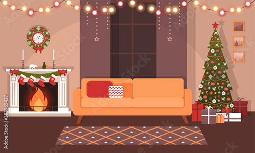 The cozy living room is decorated for Christmas holidays. Christmas tree, fireplace, sofa, garlands and gifts. Festive home interior in flat style. Stoke vector illustration.