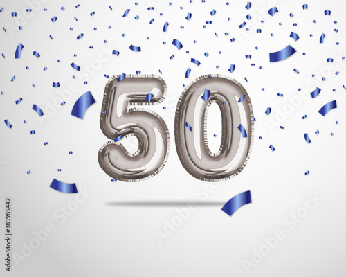 Happy 50th birthday with realistic foil balloons text on silver background and blue confetti. Set for Birthday, Anniversary, Celebration Party. Vector stock.