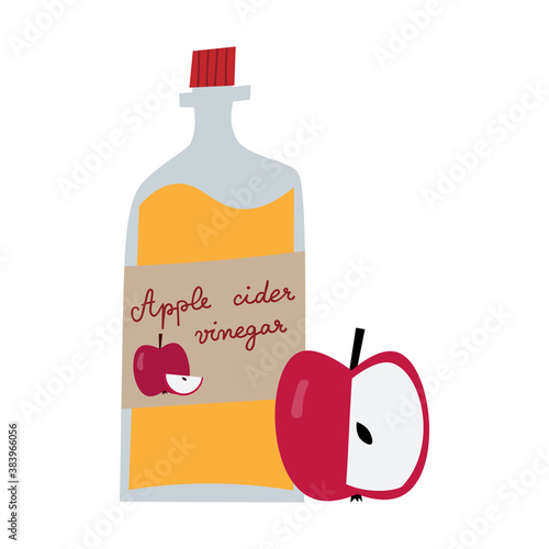 Apple cider vinegar bottle in flat style. Fruit salad dressing, healthy drink isolated on white background. Hand drawn typography on a label.