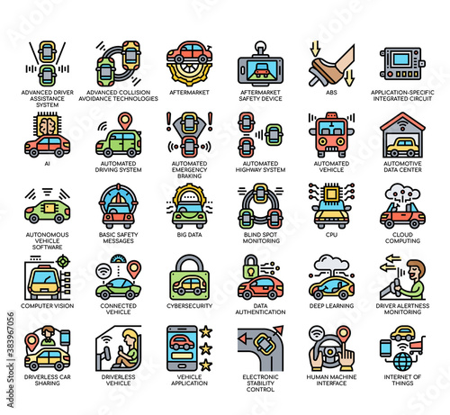Set of self driving car , autonomous driving thin line and pixel perfect icons for any web and app project.