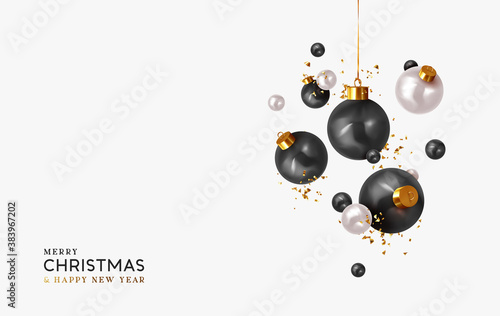 Xmas Realistic balls bauble hanging on ribbon. Merry Christmas and Happy New Year. Background with festive 3d black and white balls. Falling Tinsel glitter gold confetti. vector illustration
