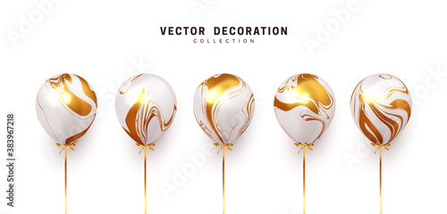 Set of realistic air helium balloons with ribbon. White with gold gradient collection of festive ballons. Decorative 3d objects. Decoration celebreation design elements. vector illustration photo