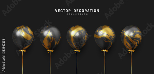 Set of realistic air helium balloons with ribbon. White with gold gradient collection of festive ballons. Decorative 3d objects. Decoration celebreation design elements. vector illustration
