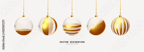 Set of Decoration Xmas Realistic balls bauble hanging on ribbon. Merry Christmas and Happy New Year. Festive transparent glass 3d golden balls. vector illustration