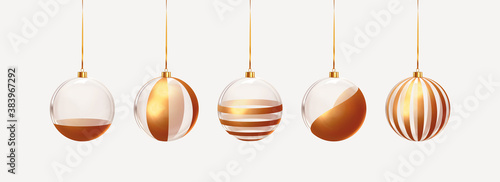 Set of Decoration Xmas Realistic balls bauble hanging on ribbon. Merry Christmas and Happy New Year. Festive transparent glass 3d golden balls. vector illustration