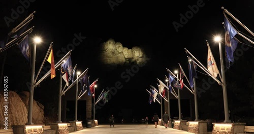 Night floodlight Mount Rushmore monument South Dakota 4K. National Memorial a colossal sculpture carved into granite in the Black Hills South Dakota. President  Washington, Lincoln, Jefferson and Roos photo