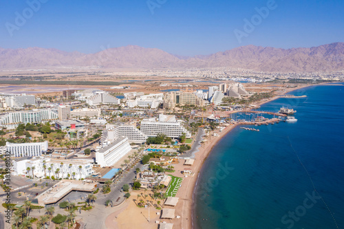 Eilat coastline  waterfront hotels and The Red Sea   Aerial view 