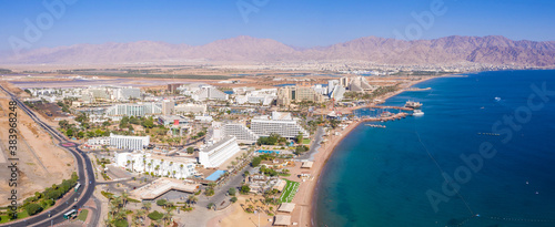 Eilat coastline, waterfront hotels and The Red Sea , Aerial view 