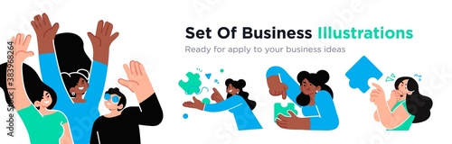 Business Concept illustrations. Collection of scenes with men and women taking part in business activities. Trendy vector style.