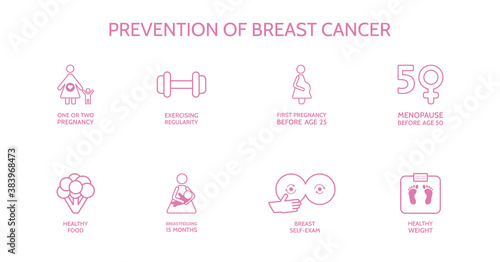 Prevention of breast cancer line icon set. Awareness month. Decrease risk of breast cancer line art. Medical examination. Online doctor diagnosis. Vector illustration