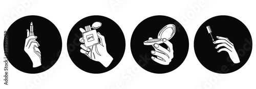 Round icons. Black and white hand painted. Lipstick, perfume, manicure, powder in hand. Beauty salon concept. For online cosmetics store. Highlights. 