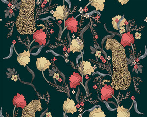 Stickers Vintage bloemen patronen Vintage luipaard tussen bloemen en bladeren  © Lana
