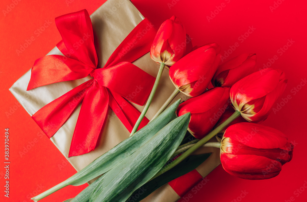Real spring red tulips and gift box on a red background. Spring flowers for Mother's Day. Top view. Real spring red tulips and gift box on a red background. Spring flowers for Mother's Day. Top view.