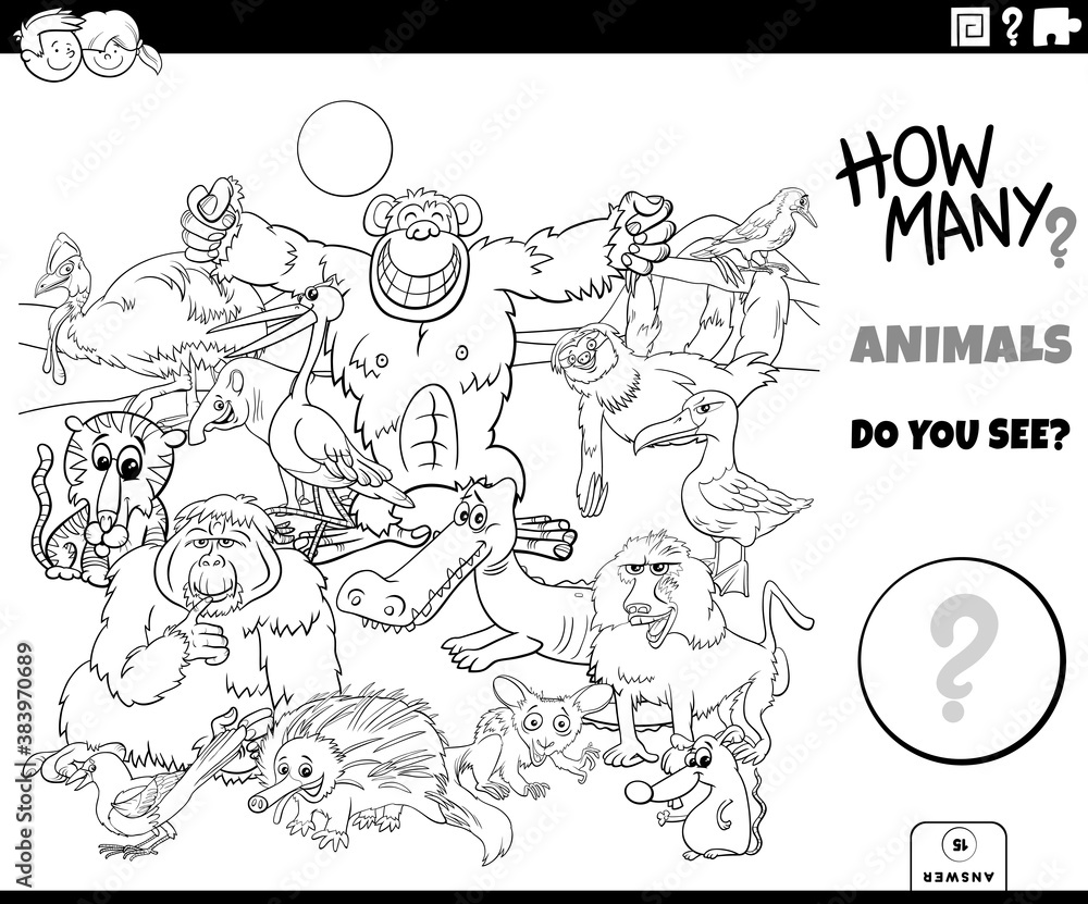 Fototapeta premium counting animals educational task coloring book page
