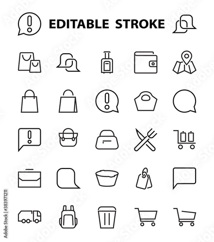 Simple set of bags, shopping and travel icons. Vector illustration Contains icons such as Card, wallet, shopping basket, discount, bowl, package. On a white background, editable stroke