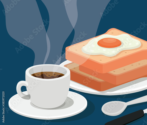 coffee cup with egg on bread and cutlery vector design