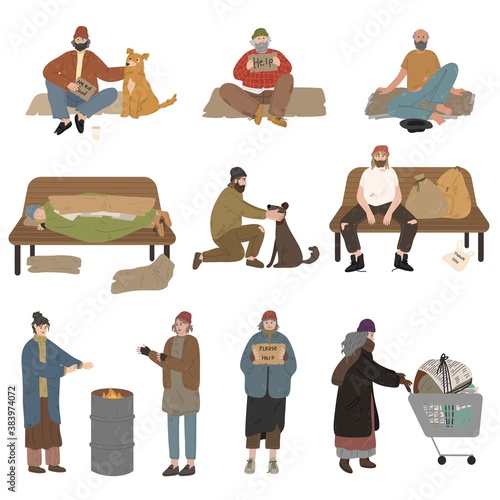 Set of homeless men and women living on streets