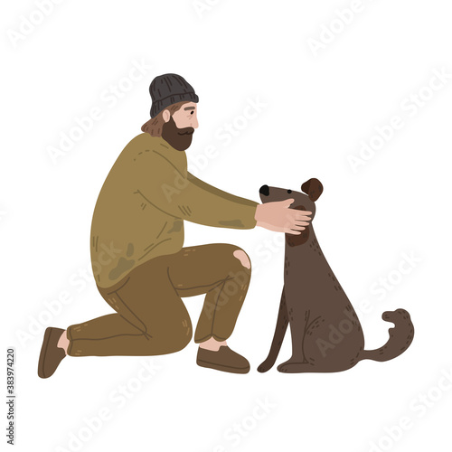 Homeless unshaven man in torn clothes sitting and petting dog outdoors