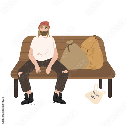 Homeless unshaven man sitting on bench with racks of belongings outdoors