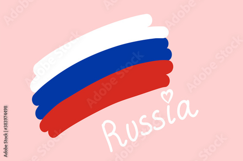 National flag of Russia, tricolor white blue red. Simple stylized russian flag freehand text