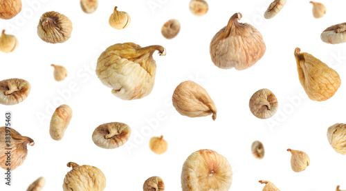Dried fig fruits falling on white background. Banner design