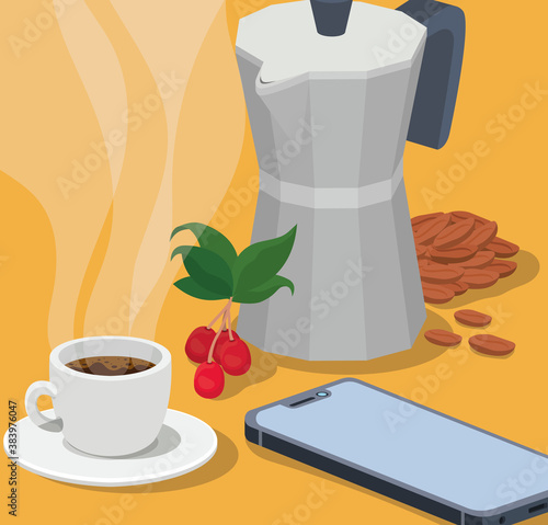 coffee moka pot cup smartphone beans berries and leaves vector design