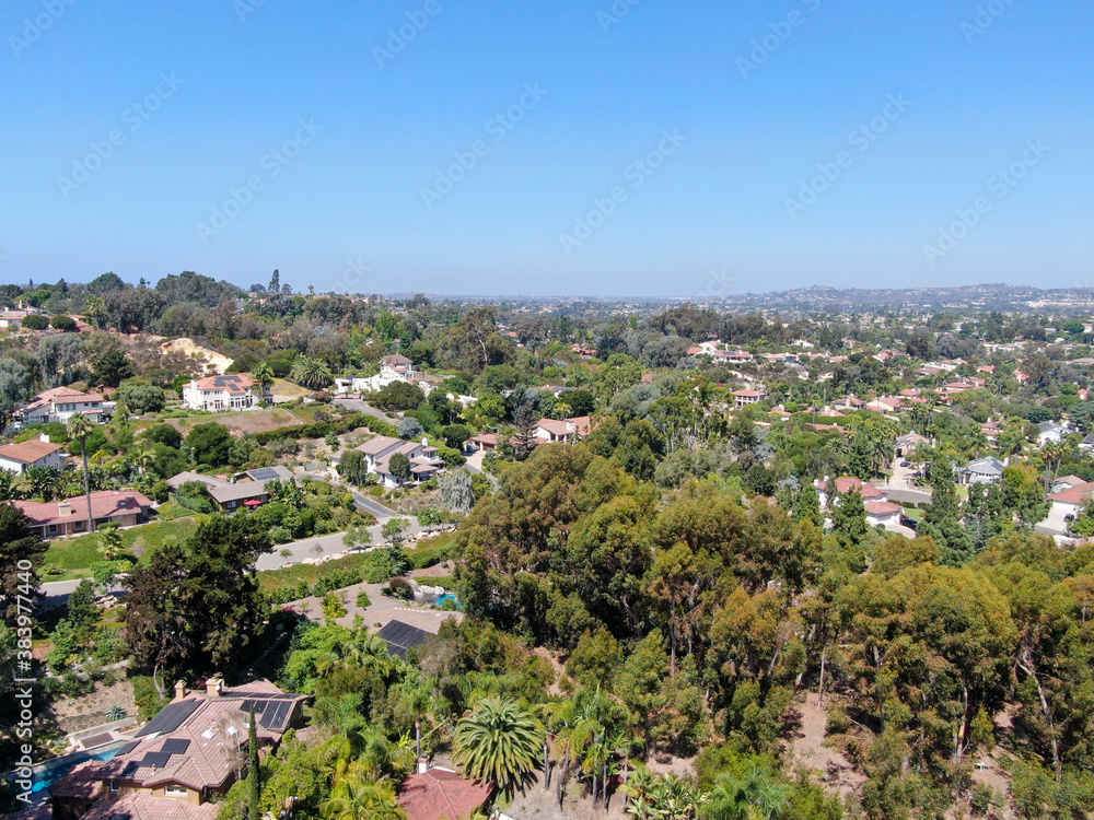 Aerial view of Encinitas town with large villa and swimming pool, South California, USA. 