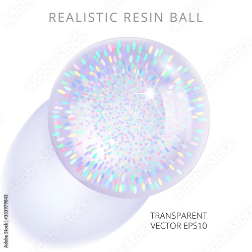 Bright resin ball with a rainbow glitter effect. Vector 3d realistic bead of epoxy gem with a slight transparency. Iridescent magic glass sphere. Refraction of colorful sparkles. Top view.