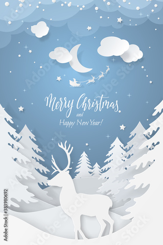 Winter scene with 3D realistic paper cutout deer, fir trees and flying Santa's sleigh in night sky with stars, snow and moon. Festive layered layout with symbols of Christmas season for holiday poster