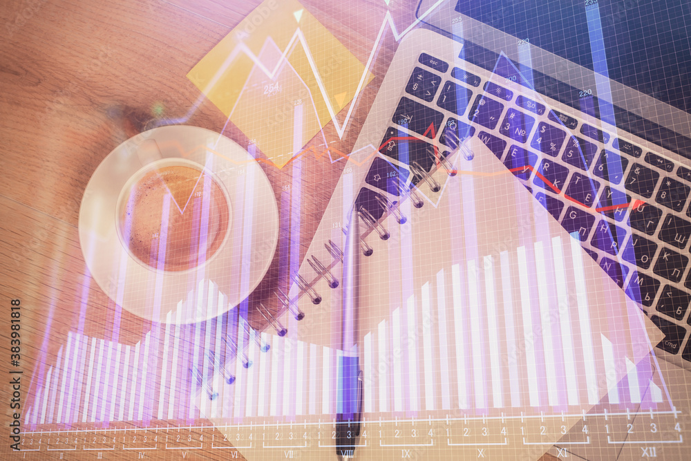 Double exposure of forex chart drawing over table background with computer. Concept of financial research and analysis. Top view. Double exposure of forex chart drawing over table background with computer. Concept of financial research and analysis. Top view.