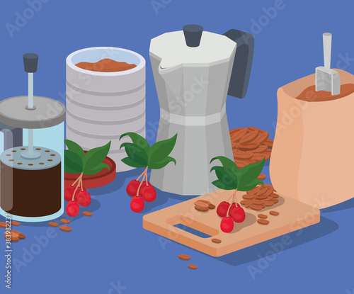 coffee french press jar moka pot and bag vector design