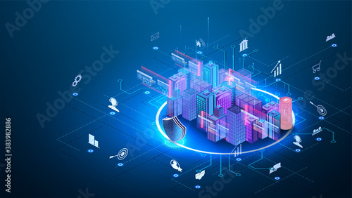 Intelligent building automation system business concept. Building consists digits and connected with icons of domestic smart devices. Smart City for banner and website. Landing page template.