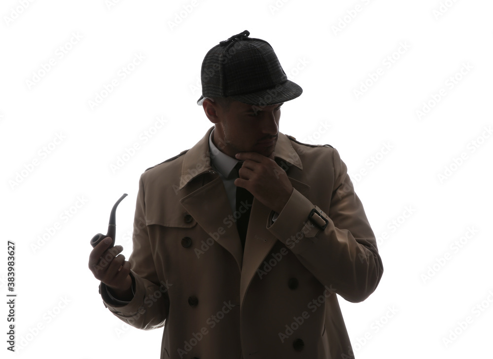 Old fashioned detective with smoking pipe on white background Old fashioned detective with smoking pipe on white background