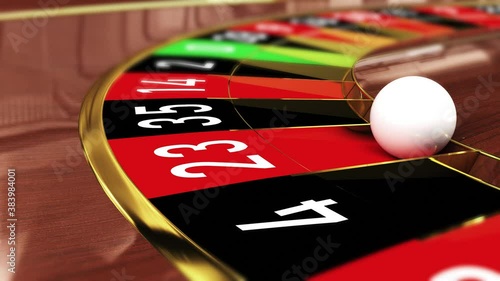 Casino Roulette wheel - Lucky number 23 red (twenty-three red). 4k 3D realistic animation of a casino roulette wheel with the ball landing on lucky number 23 red