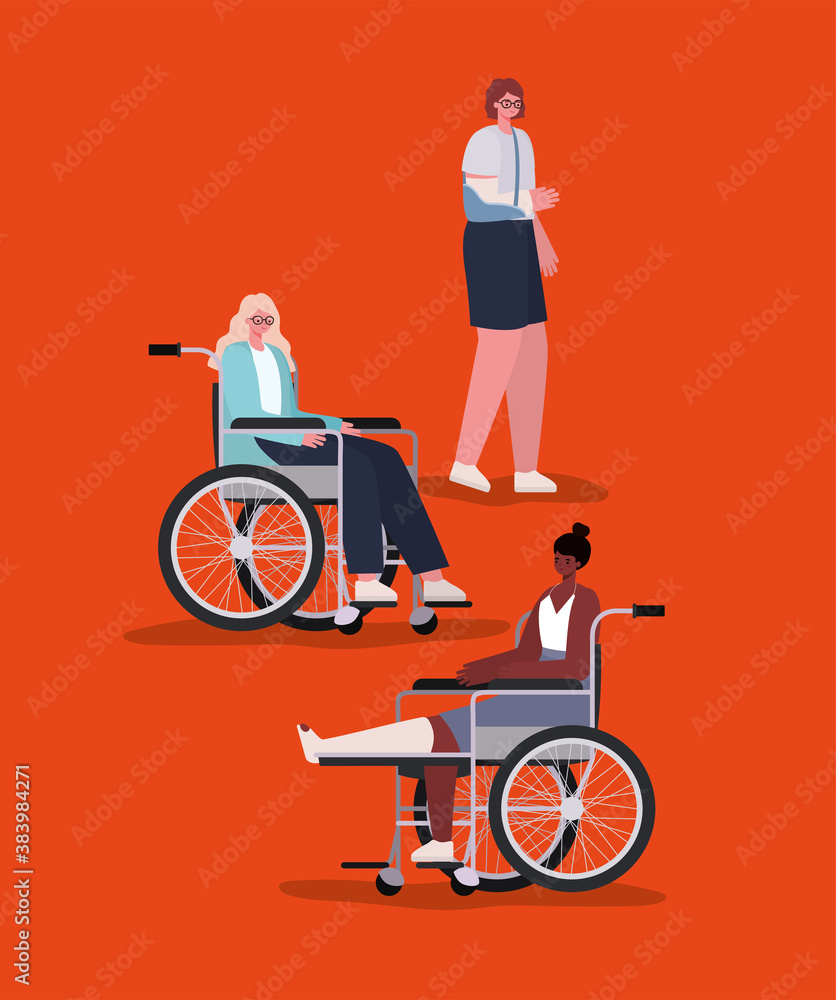 disability women cartoons with wheelchair and cast vector design disability women cartoons with wheelchair and cast vector design