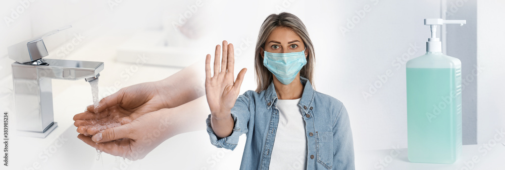 Stop Coronavirus Spreading. Using Sanitizer, Wearing Mask And Washing ...