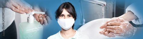Stop coronavirus spreading. People using sanitizer, wearing mask and washing hands to prevent contamination, banner design