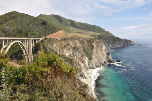 Landscape view of Bixby Bridge and the rugged coast of Big Sur 