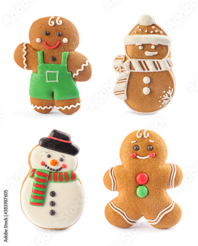 Set of different Christmas shaped cookies on white background