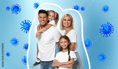 Strong immunity - healthy family. Happy parents with children protected from viruses and bacteria, illustration photo