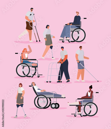 disability people cartoons with wheelchair prosthesis and cast on pink background vector design