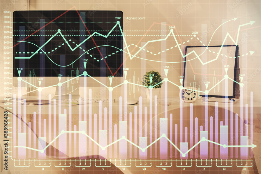 Multi exposure of stock market chart drawing and office interior background. Concept of financial analysis. Multi exposure of stock market chart drawing and office interior background. Concept of financial analysis.