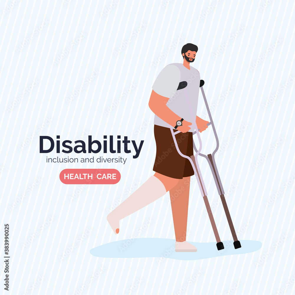 disability man cartoon with leg cast and crutches vector design