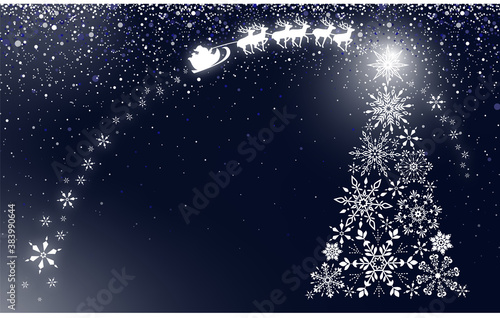 Silhouette of Santa Claus with sleigh sliding through the Holy Night. Snowflakes Christmas card vector background Navy