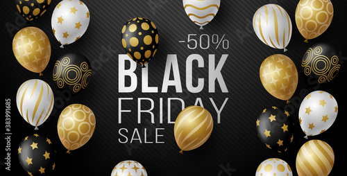 Black Friday Sale Horizontal Banner with black, white and gold Shiny Balloons on black Background with Place for text. Vector illustration.