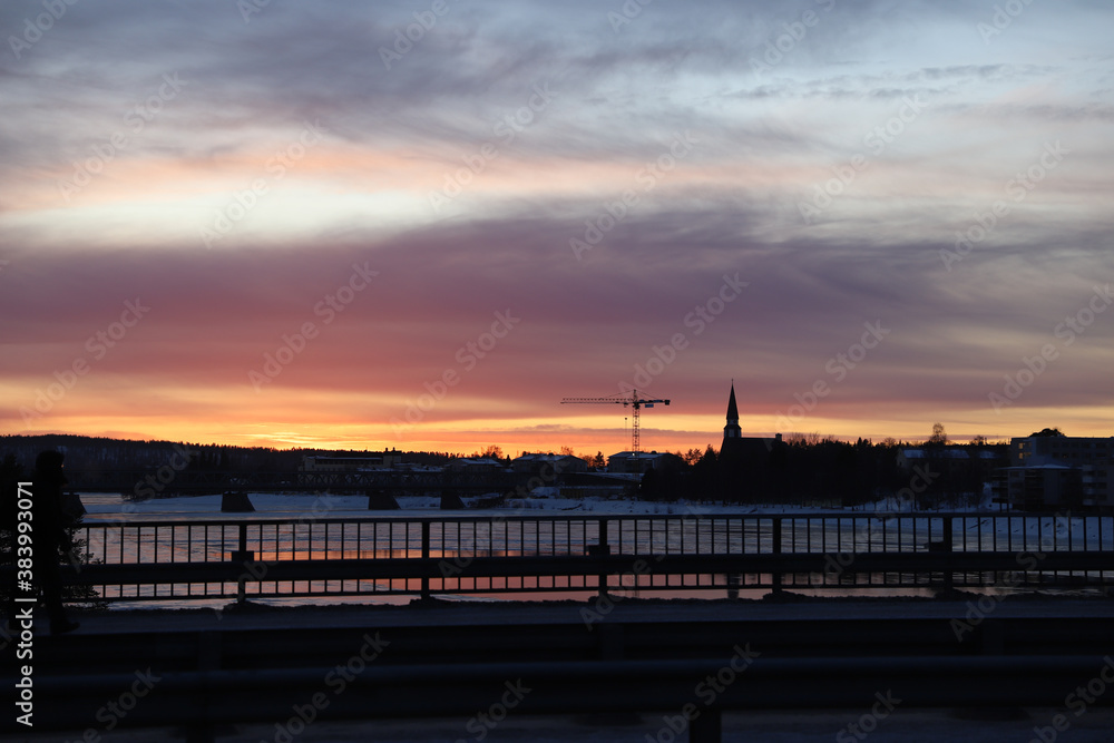 View from the bridge in Rovaniemi during sunset