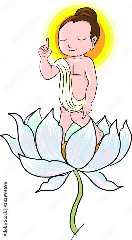 Buddha's mother standing under the cannon Ball Tree with little Lord Buddha is Born and standing on seven Lotus flower