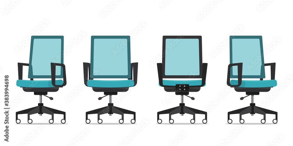 Office chair or desk chair from various points of view. Ergonomic chair in front view, rear view, side view. Furniture icon for Interior design in flat design. Vector illustration.