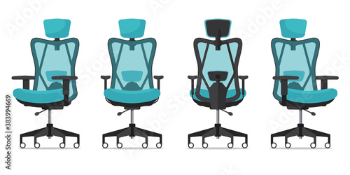 Office chair or desk chair from various points of view. Ergonomic chair in front view, rear view, side view. Furniture icon for Interior design in flat design. Vector illustration.